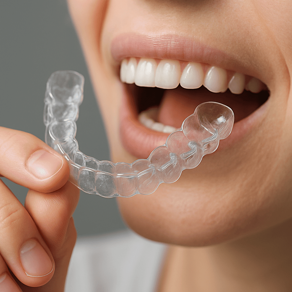 patiente avec une gouttiere dentaire posee